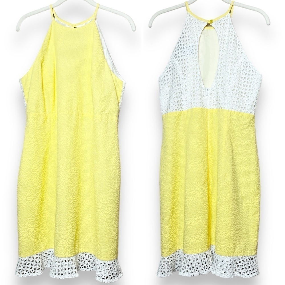 Lauren James Yellow Halter Dress Large eyelet lace mini sleeveless‎ seersucker